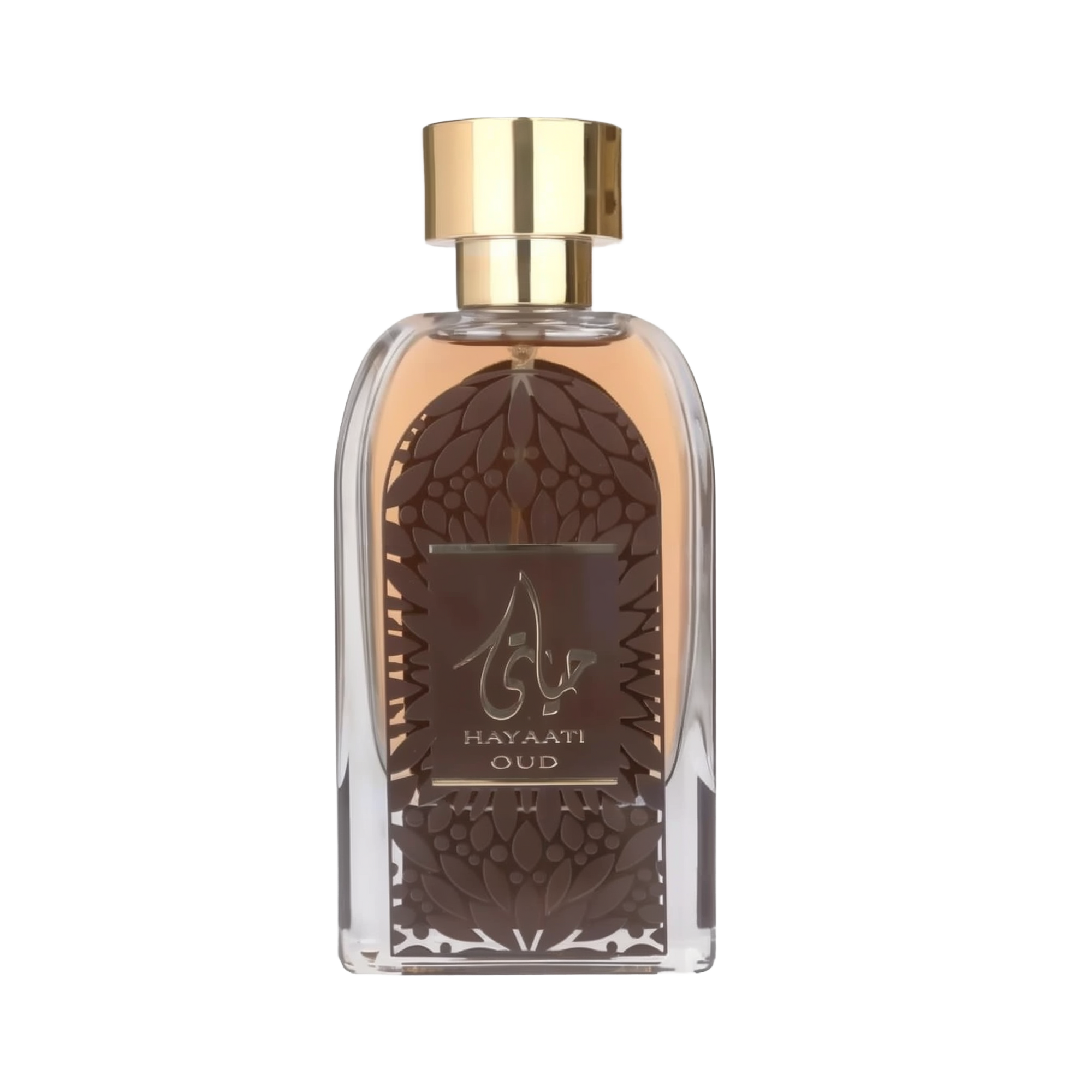 The image shows a clear glass perfume bottle with a golden cap. The perfume liquid is a dark amber color. The front of the bottle features a decorative motif resembling a dome with geometric patterns in brown and a central label with the name "HAYAATI OUD" in gold lettering and elegant Arabic calligraphy. The overall design suggests an opulent and exotic fragrance, and the bottle is set against a plain white background to emphasize its design and contents.