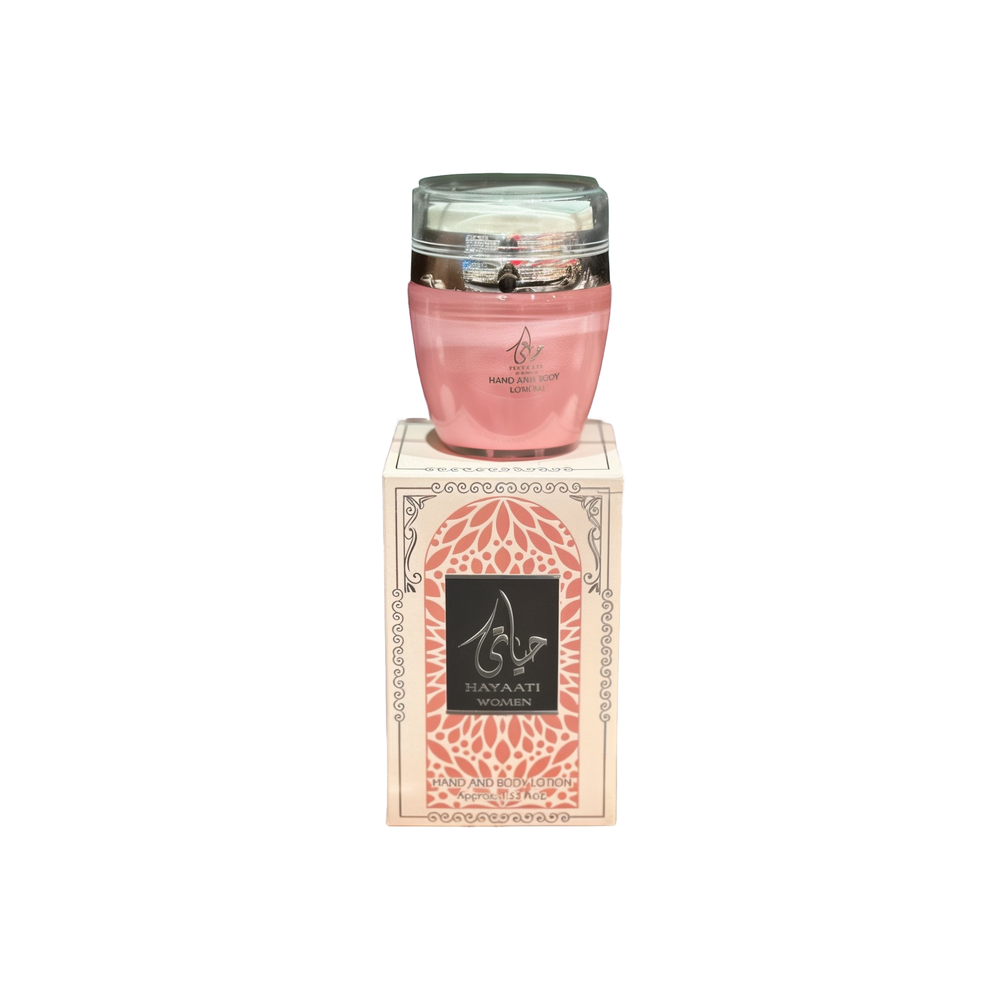 The image shows a product named "Hayaati Women Hand and Body Lotion." The lotion comes in a pink container with a clear lid and is placed on top of a matching pink box with intricate silver patterns and Arabic calligraphy. The box features the product name "Hayaati Women" prominently. The elegant and feminine packaging suggests a high-quality skincare product designed for women.