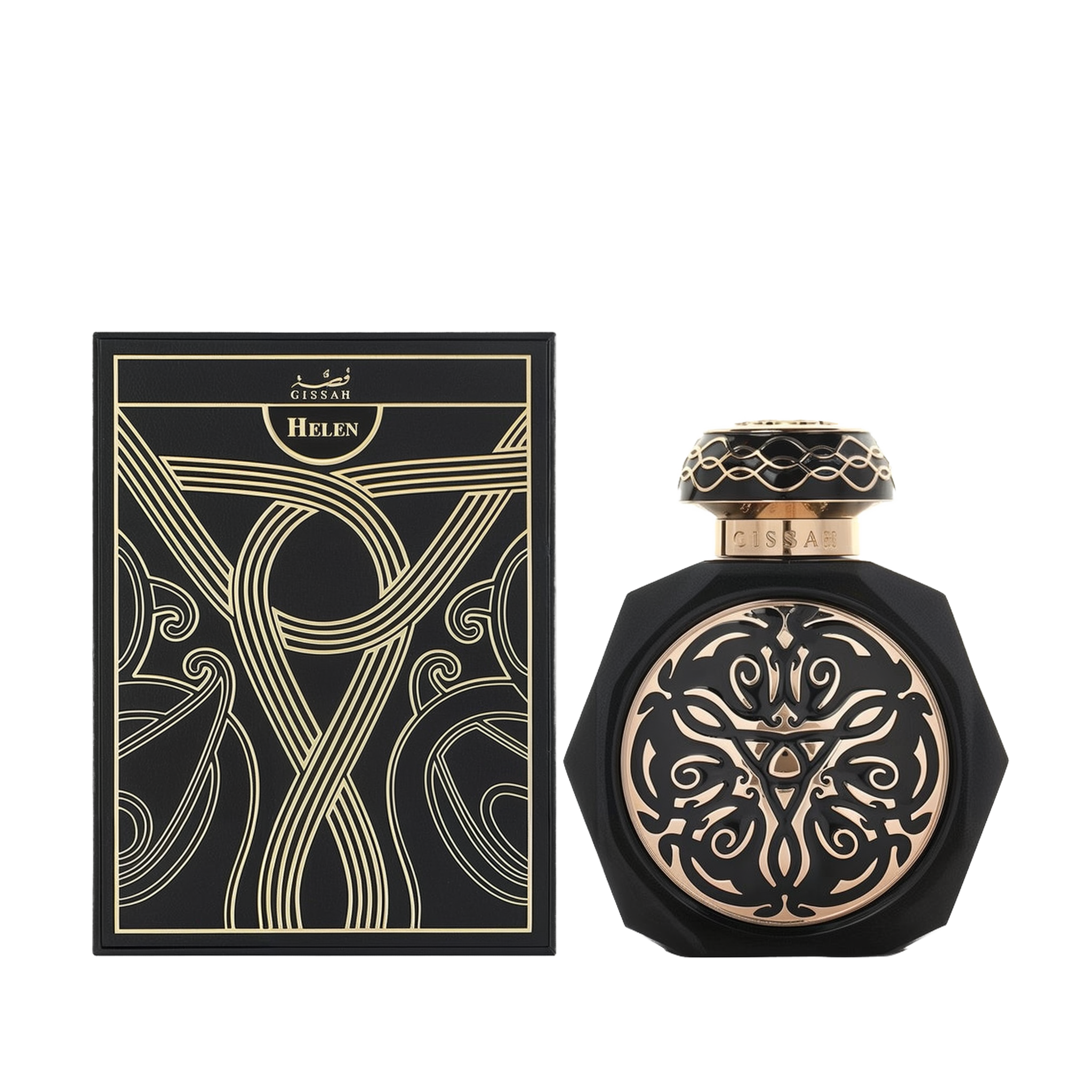 A luxurious black, octagonal perfume bottle with intricate, gold embossed designs on the front, paired with a matching black and gold cap. The bottle is placed next to its elegant black box, which features elaborate gold patterns and the Gissah brand name along with "Helen" in both English and Arabic.