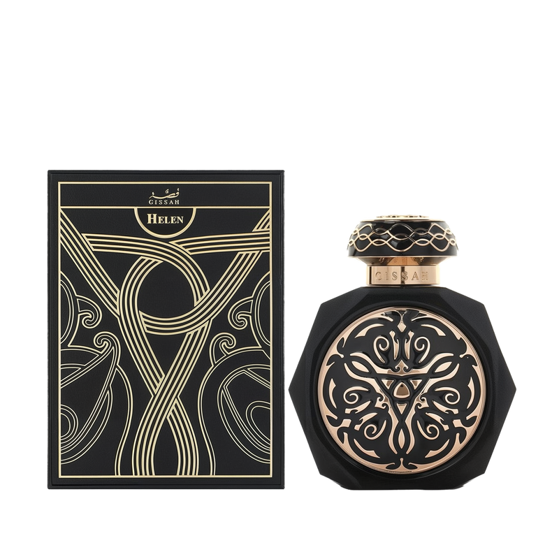 A luxurious black, octagonal perfume bottle with intricate, gold embossed designs on the front, paired with a matching black and gold cap. The bottle is placed next to its elegant black box, which features elaborate gold patterns and the Gissah brand name along with "Helen" in both English and Arabic.