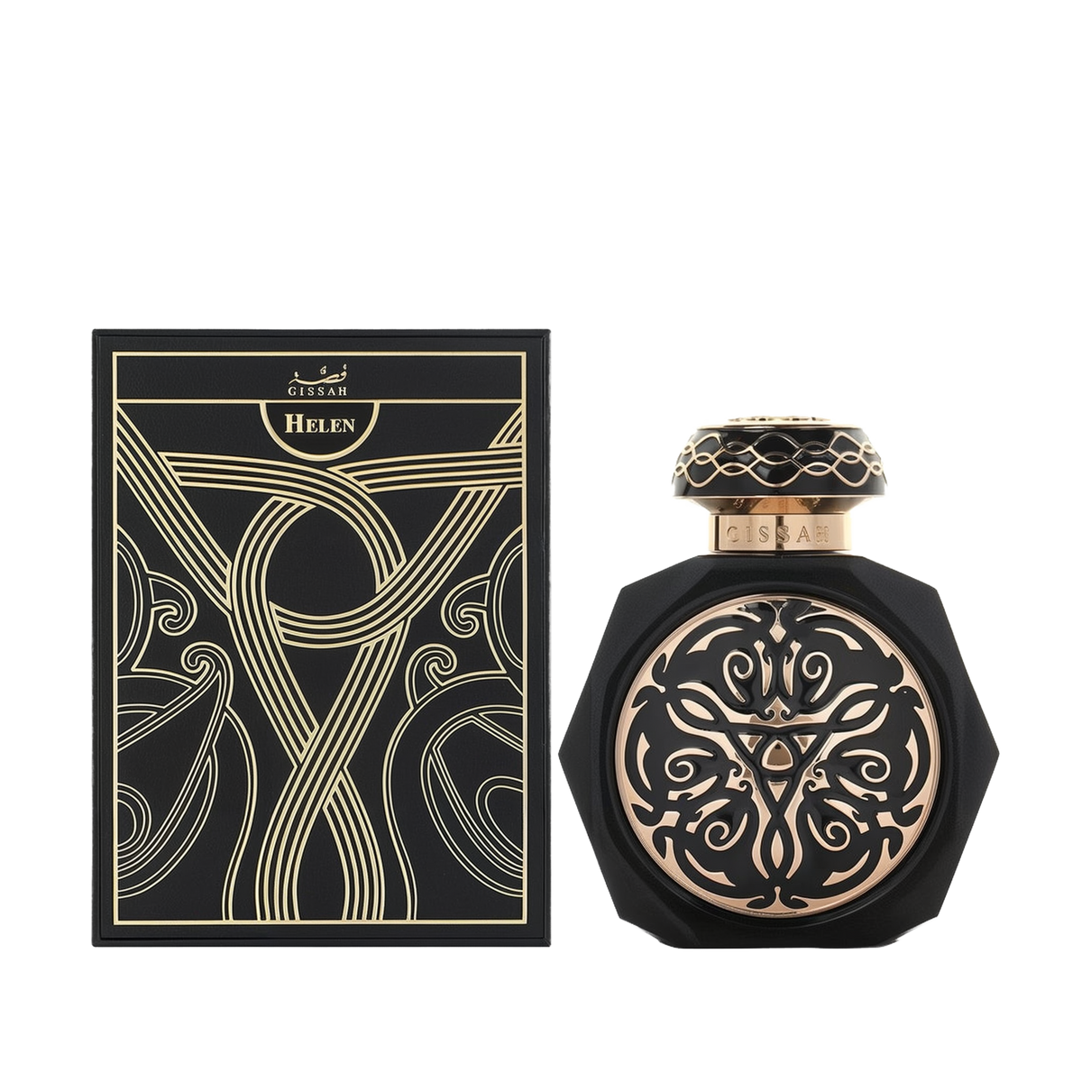 A luxurious black, octagonal perfume bottle with intricate, gold embossed designs on the front, paired with a matching black and gold cap. The bottle is placed next to its elegant black box, which features elaborate gold patterns and the Gissah brand name along with "Helen" in both English and Arabic.