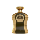 The image features an opulent perfume bottle from Afnan Perfumes named "Highness Brown X". The bottle has a unique, curvaceous shape with a metallic gold finish and textured details. A dark, opaque central panel with the word "HIGHNESS" inscribed within an ornate decorative frame adds contrast. Topping the bottle is a gold cap that complements its luxurious design.