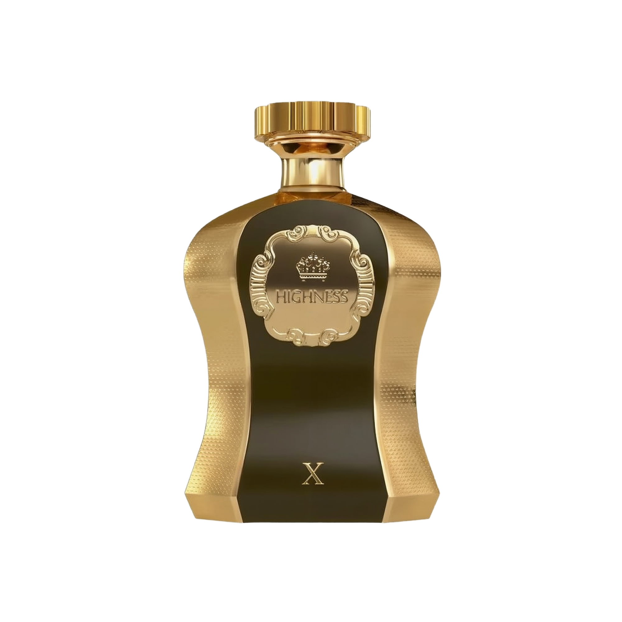 The image features an opulent perfume bottle from Afnan Perfumes named "Highness Brown X". The bottle has a unique, curvaceous shape with a metallic gold finish and textured details. A dark, opaque central panel with the word "HIGHNESS" inscribed within an ornate decorative frame adds contrast. Topping the bottle is a gold cap that complements its luxurious design.