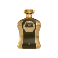 The image features an opulent perfume bottle from Afnan Perfumes named "Highness Brown X". The bottle has a unique, curvaceous shape with a metallic gold finish and textured details. A dark, opaque central panel with the word "HIGHNESS" inscribed within an ornate decorative frame adds contrast. Topping the bottle is a gold cap that complements its luxurious design.