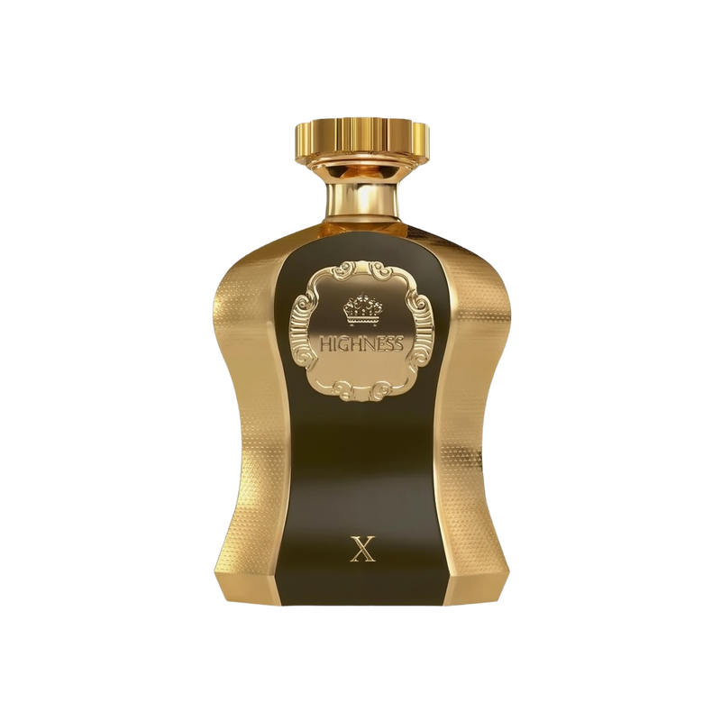 The image features an opulent perfume bottle from Afnan Perfumes named "Highness Brown X". The bottle has a unique, curvaceous shape with a metallic gold finish and textured details. A dark, opaque central panel with the word "HIGHNESS" inscribed within an ornate decorative frame adds contrast. Topping the bottle is a gold cap that complements its luxurious design.