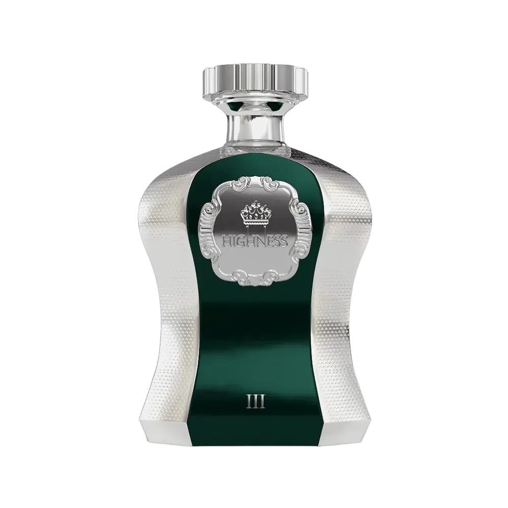 The image shows an elegant perfume bottle from Afnan Perfumes, part of the "Highness" series, featuring a deep green central panel surrounded by a metallic silver body with a textured finish. The front panel has the word "HIGHNESS" framed within a silver ornate border, under a crown symbol, indicating the regal nature of the scent. A polished silver cap sits on top of the bottle, and the number "III" is marked at the bottom of the green panel.