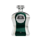 The image shows an elegant perfume bottle from Afnan Perfumes, part of the "Highness" series, featuring a deep green central panel surrounded by a metallic silver body with a textured finish. The front panel has the word "HIGHNESS" framed within a silver ornate border, under a crown symbol, indicating the regal nature of the scent. A polished silver cap sits on top of the bottle, and the number "III" is marked at the bottom of the green panel.