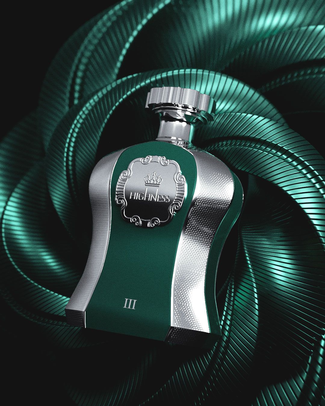 The image presents a striking perfume bottle set against an abstract, swirled green background that complements the bottle's color. The bottle has a unique curved silhouette, with a combination of smooth green surfaces and a textured silver area that creates a visual contrast. It features a prominent label with the word "HIGHNESS" and the Roman numeral "III" in an ornate frame, suggesting a regal theme.