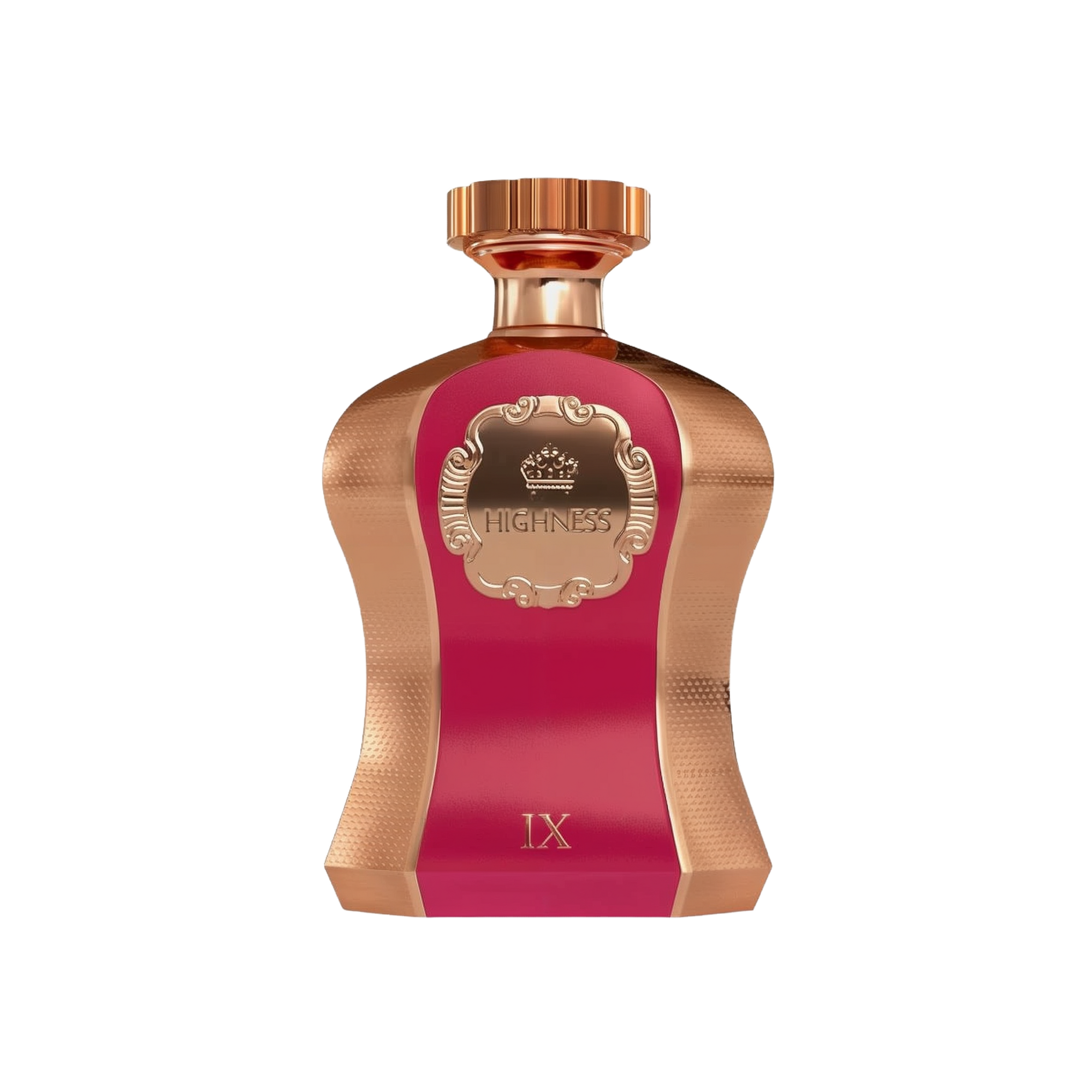 An image of a striking perfume bottle from Afnan Perfumes named "Highness Maroon IX". The bottle has a bold maroon center with a rose gold textured metallic finish on the edges. It features a crown emblem within an ornate frame on the maroon label, with the word "HIGHNESS" prominently displayed. The top of the bottle is adorned with a smooth rose gold cap. 