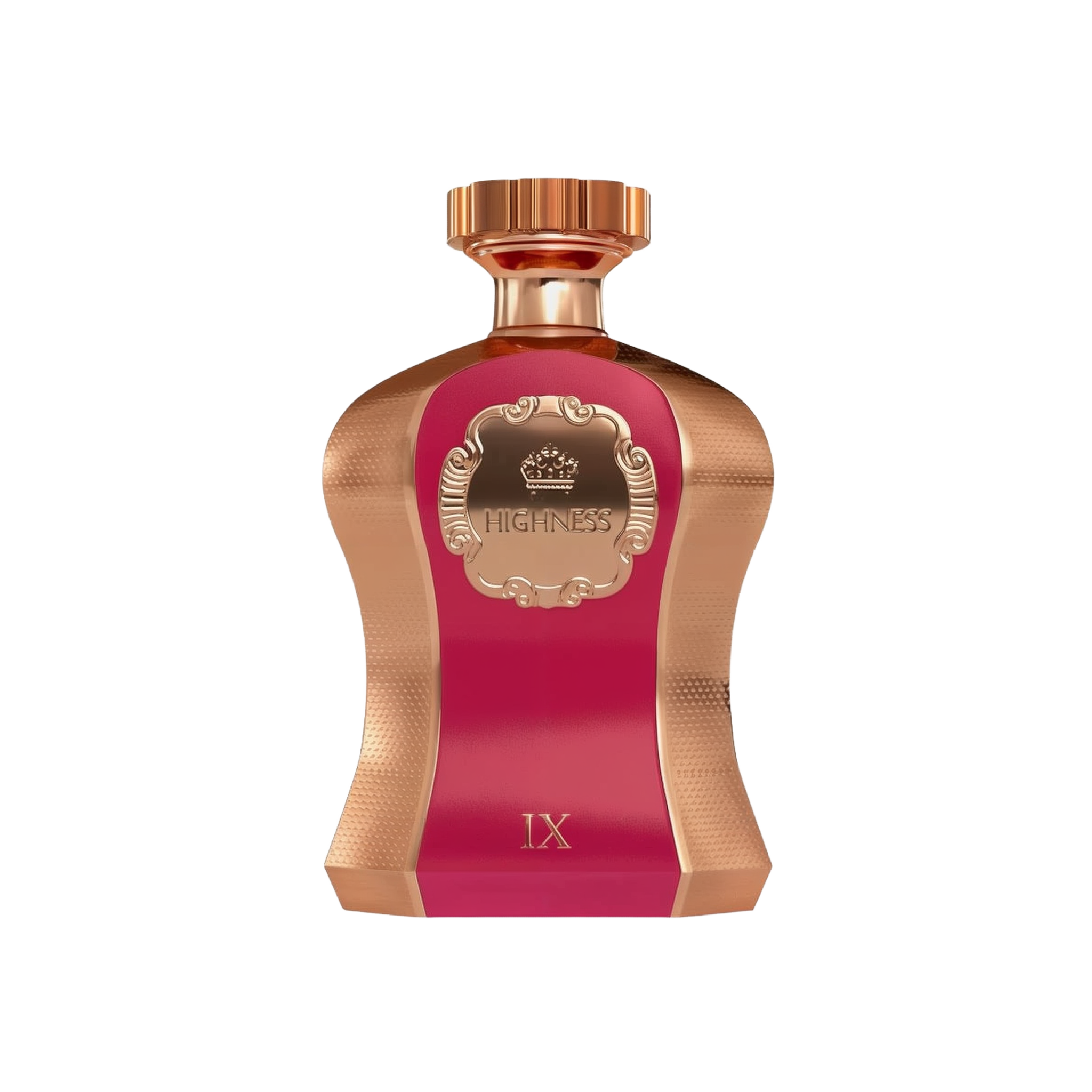 An image of a striking perfume bottle from Afnan Perfumes named "Highness Maroon IX". The bottle has a bold maroon center with a rose gold textured metallic finish on the edges. It features a crown emblem within an ornate frame on the maroon label, with the word "HIGHNESS" prominently displayed. The top of the bottle is adorned with a smooth rose gold cap. 