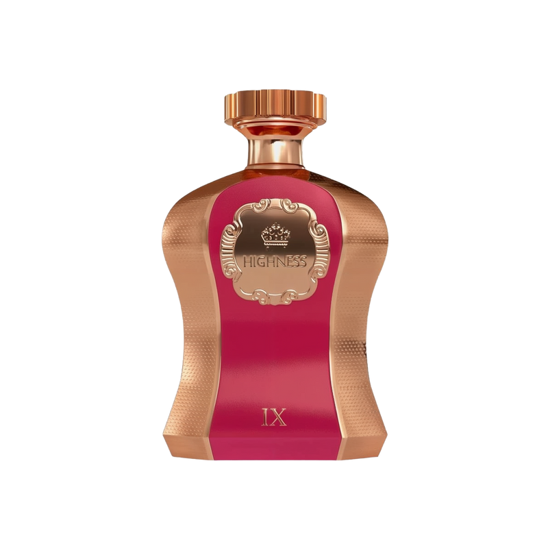 An image of a striking perfume bottle from Afnan Perfumes named "Highness Maroon IX". The bottle has a bold maroon center with a rose gold textured metallic finish on the edges. It features a crown emblem within an ornate frame on the maroon label, with the word "HIGHNESS" prominently displayed. The top of the bottle is adorned with a smooth rose gold cap. 