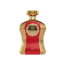 An image of "Highness Red IV" perfume by Afnan Perfumes, featuring a distinctive bottle with a royal red center and textured gold sides. The bottle has a polished gold cap and is adorned with an elegant, embossed label showcasing a crown and the name "HIGHNESS" within an ornate frame. The number "IV" is displayed at the bottom front of the bottle, indicating a variation of the Highness fragrance line.