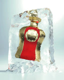 The image features a striking perfume bottle of "Highness Red IV" by Afnan Perfumes, encased in a block of transparent ice. The bottle is shaped with elegant curves and a wide base, narrowing towards the top. It has a luxurious gold and red color scheme, with a golden cap and a label embossed with regal insignia. The red central panel of the bottle vividly stands out against the gold accents and the icy background, which adds a dynamic contrast and suggests a sense of preserved luxury.