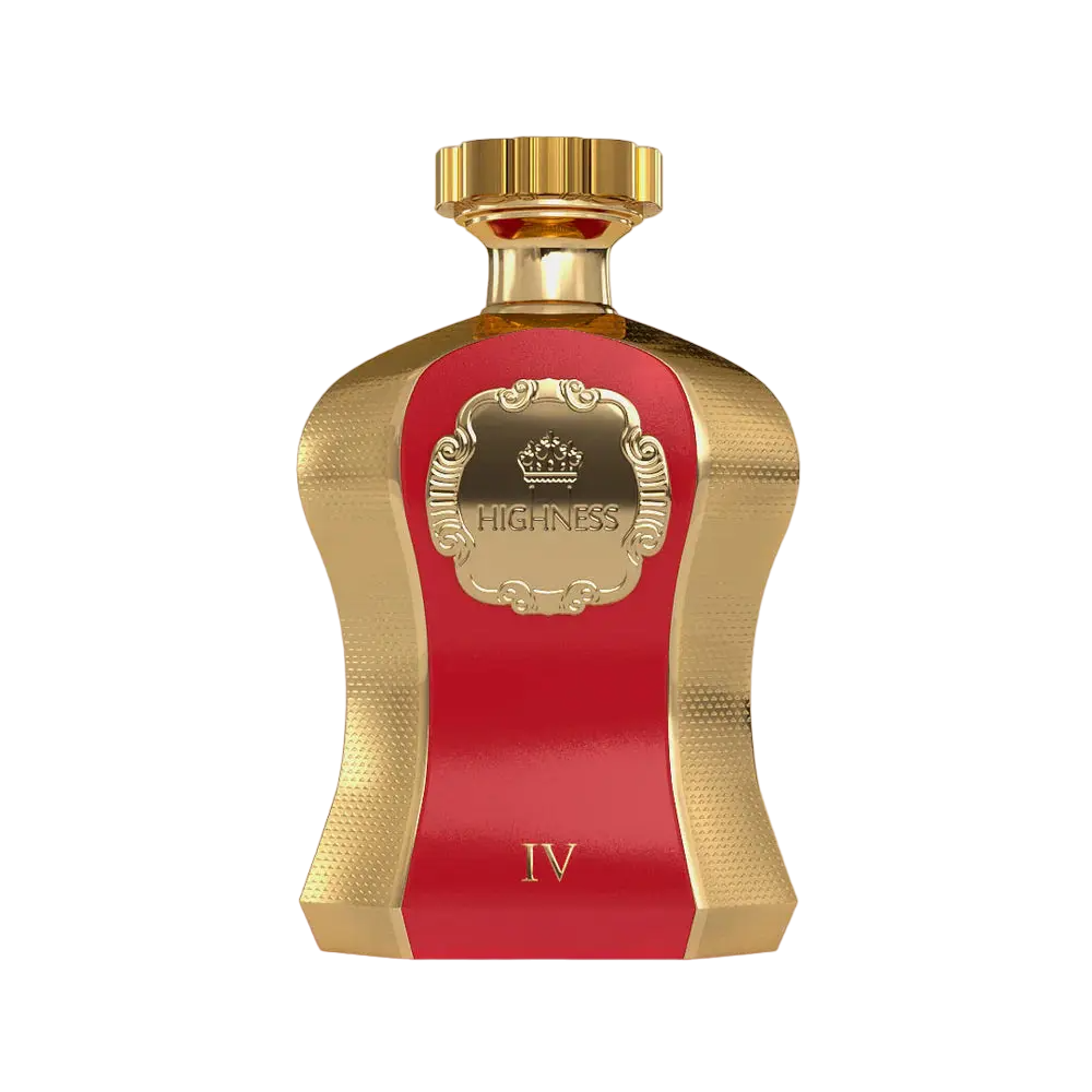 An image of "Highness Red IV" perfume by Afnan Perfumes, featuring a distinctive bottle with a royal red center and textured gold sides. The bottle has a polished gold cap and is adorned with an elegant, embossed label showcasing a crown and the name "HIGHNESS" within an ornate frame. The number "IV" is displayed at the bottom front of the bottle, indicating a variation of the Highness fragrance line.