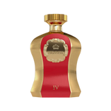 An image of "Highness Red IV" perfume by Afnan Perfumes, featuring a distinctive bottle with a royal red center and textured gold sides. The bottle has a polished gold cap and is adorned with an elegant, embossed label showcasing a crown and the name "HIGHNESS" within an ornate frame. The number "IV" is displayed at the bottom front of the bottle, indicating a variation of the Highness fragrance line.