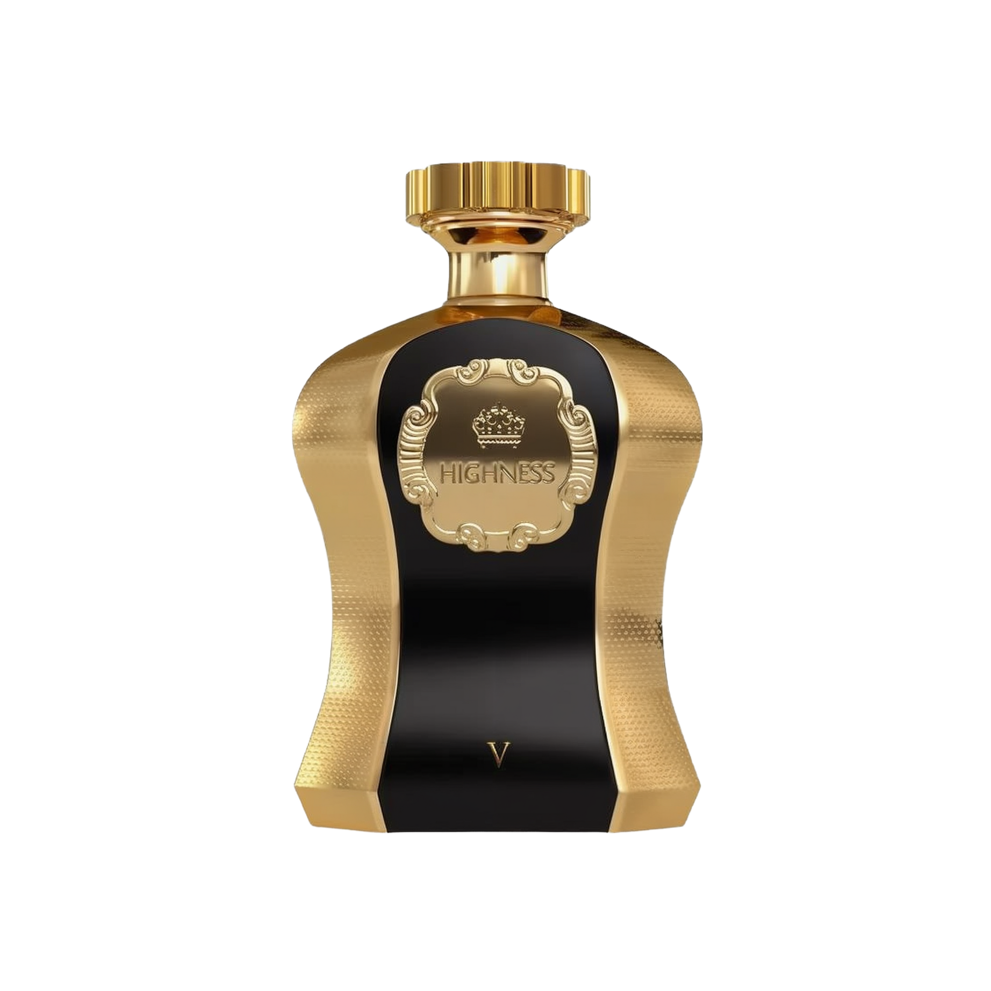 A photo of the Highness V Black EDP 100ml perfume bottle, featuring a striking contrast of polished gold and deep black. The central black panel is framed by a textured gold surface with a luxuriously designed crest bearing the name 'HIGHNESS' above and the Roman numeral 'V' below. The cap is a smooth gold that complements the elegance of the bottle design, suggesting a scent of regal and sophisticated character.
