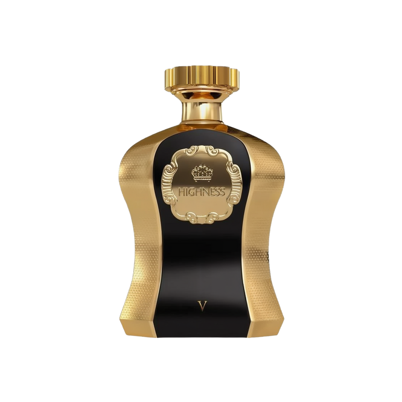 A photo of the Highness V Black EDP 100ml perfume bottle, featuring a striking contrast of polished gold and deep black. The central black panel is framed by a textured gold surface with a luxuriously designed crest bearing the name 'HIGHNESS' above and the Roman numeral 'V' below. The cap is a smooth gold that complements the elegance of the bottle design, suggesting a scent of regal and sophisticated character.