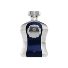 An image of "Highness VI" perfume by Afnan Perfumes, featuring a luxurious bottle with a deep blue central panel and textured silver sides. The silver cap complements the textured design of the bottle. An ornate silver label with a crown emblem and the word "HIGHNESS" is prominently displayed on the blue backdrop, with the roman numeral "VI" below, indicating its edition within the Highness series.