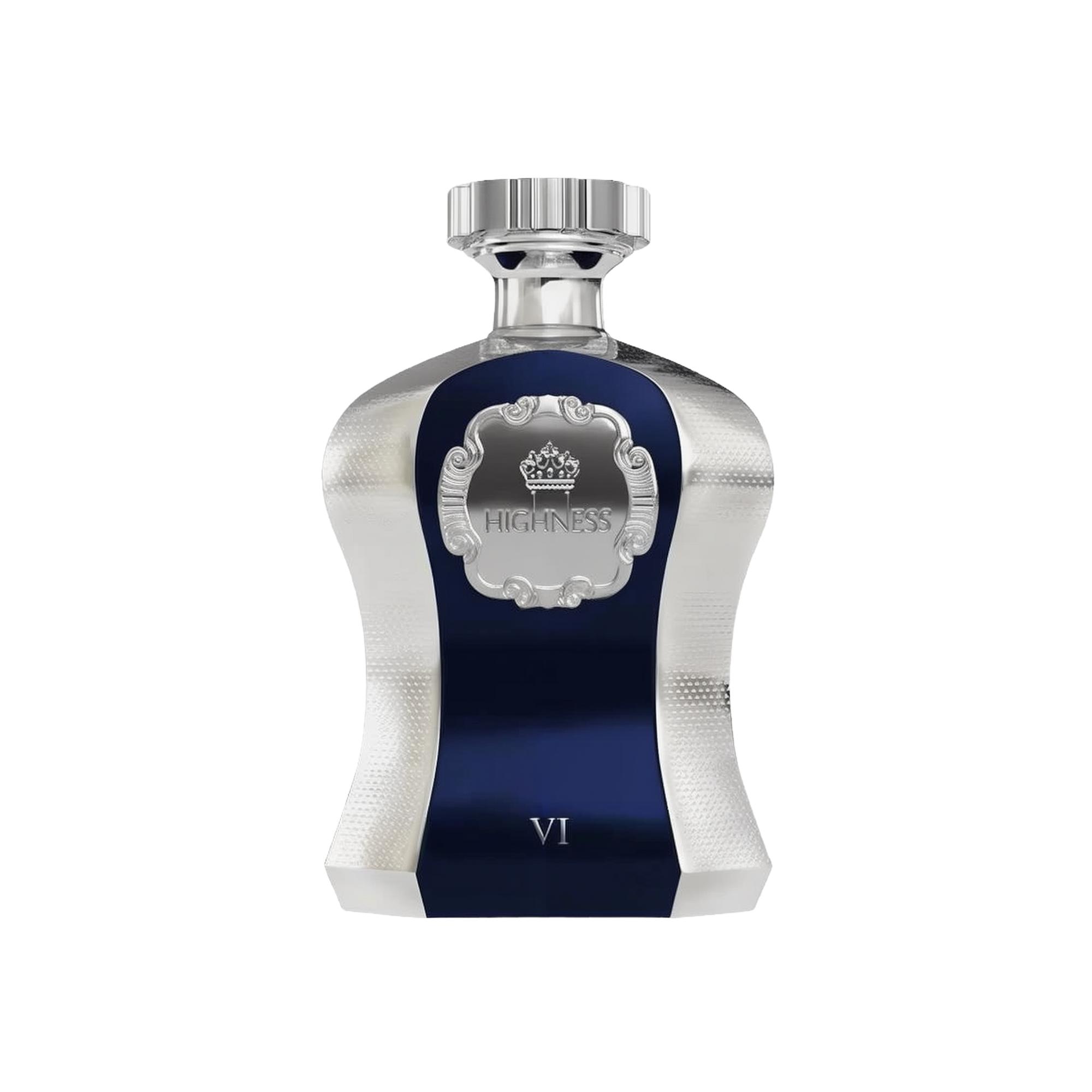 An image of "Highness VI" perfume by Afnan Perfumes, featuring a luxurious bottle with a deep blue central panel and textured silver sides. The silver cap complements the textured design of the bottle. An ornate silver label with a crown emblem and the word "HIGHNESS" is prominently displayed on the blue backdrop, with the roman numeral "VI" below, indicating its edition within the Highness series.