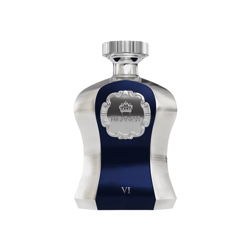 An image of "Highness VI" perfume by Afnan Perfumes, featuring a luxurious bottle with a deep blue central panel and textured silver sides. The silver cap complements the textured design of the bottle. An ornate silver label with a crown emblem and the word "HIGHNESS" is prominently displayed on the blue backdrop, with the roman numeral "VI" below, indicating its edition within the Highness series.