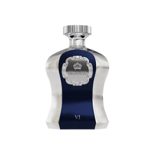 An image of "Highness VI" perfume by Afnan Perfumes, featuring a luxurious bottle with a deep blue central panel and textured silver sides. The silver cap complements the textured design of the bottle. An ornate silver label with a crown emblem and the word "HIGHNESS" is prominently displayed on the blue backdrop, with the roman numeral "VI" below, indicating its edition within the Highness series.