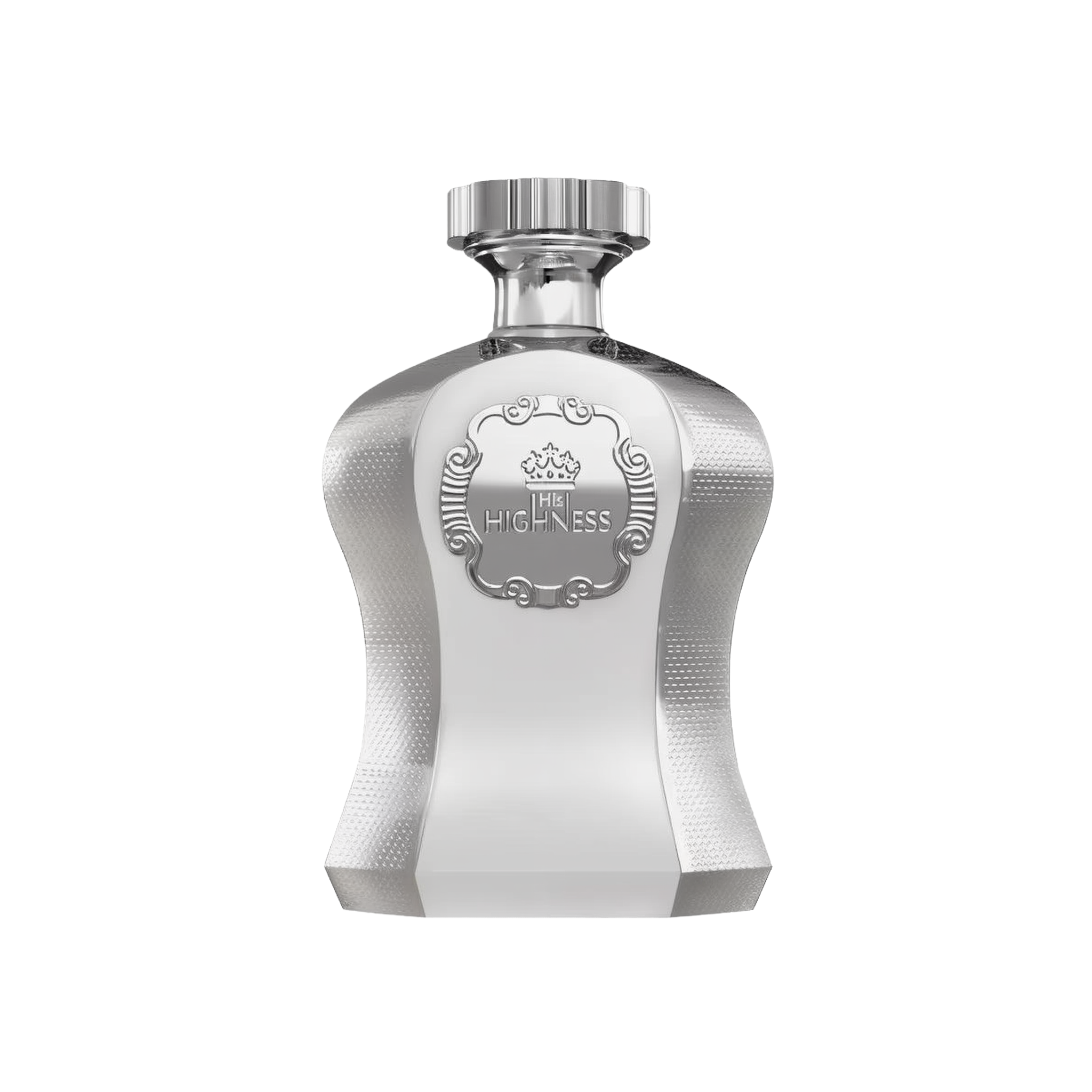 An image of "Highness White" perfume by Afnan Perfumes, featuring a silver bottle with a reflective and textured finish. The bottle has a curvaceous shape and is adorned with an ornate silver label that includes a crown emblem and the inscription "His Highness". The design conveys a sleek, modern take on luxury and exclusivity, suggesting the perfume within is of a refined and noble character.