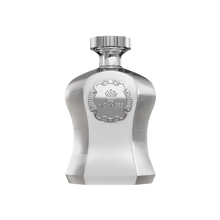 An image of "Highness White" perfume by Afnan Perfumes, featuring a silver bottle with a reflective and textured finish. The bottle has a curvaceous shape and is adorned with an ornate silver label that includes a crown emblem and the inscription "His Highness". The design conveys a sleek, modern take on luxury and exclusivity, suggesting the perfume within is of a refined and noble character.