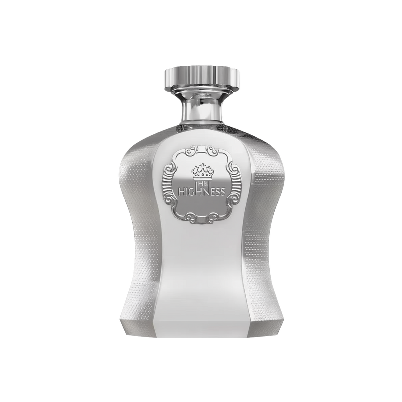 An image of "Highness White" perfume by Afnan Perfumes, featuring a silver bottle with a reflective and textured finish. The bottle has a curvaceous shape and is adorned with an ornate silver label that includes a crown emblem and the inscription "His Highness". The design conveys a sleek, modern take on luxury and exclusivity, suggesting the perfume within is of a refined and noble character.
