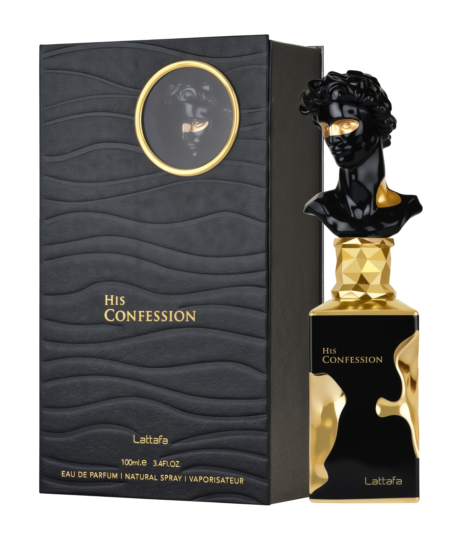 A black perfume bottle with dramatic gold accents, topped with a sculpted bust wearing a partial gold mask, labeled “His Confession” by Lattafa. The matching black box features wavy texture and a circular window revealing a masked bust image.