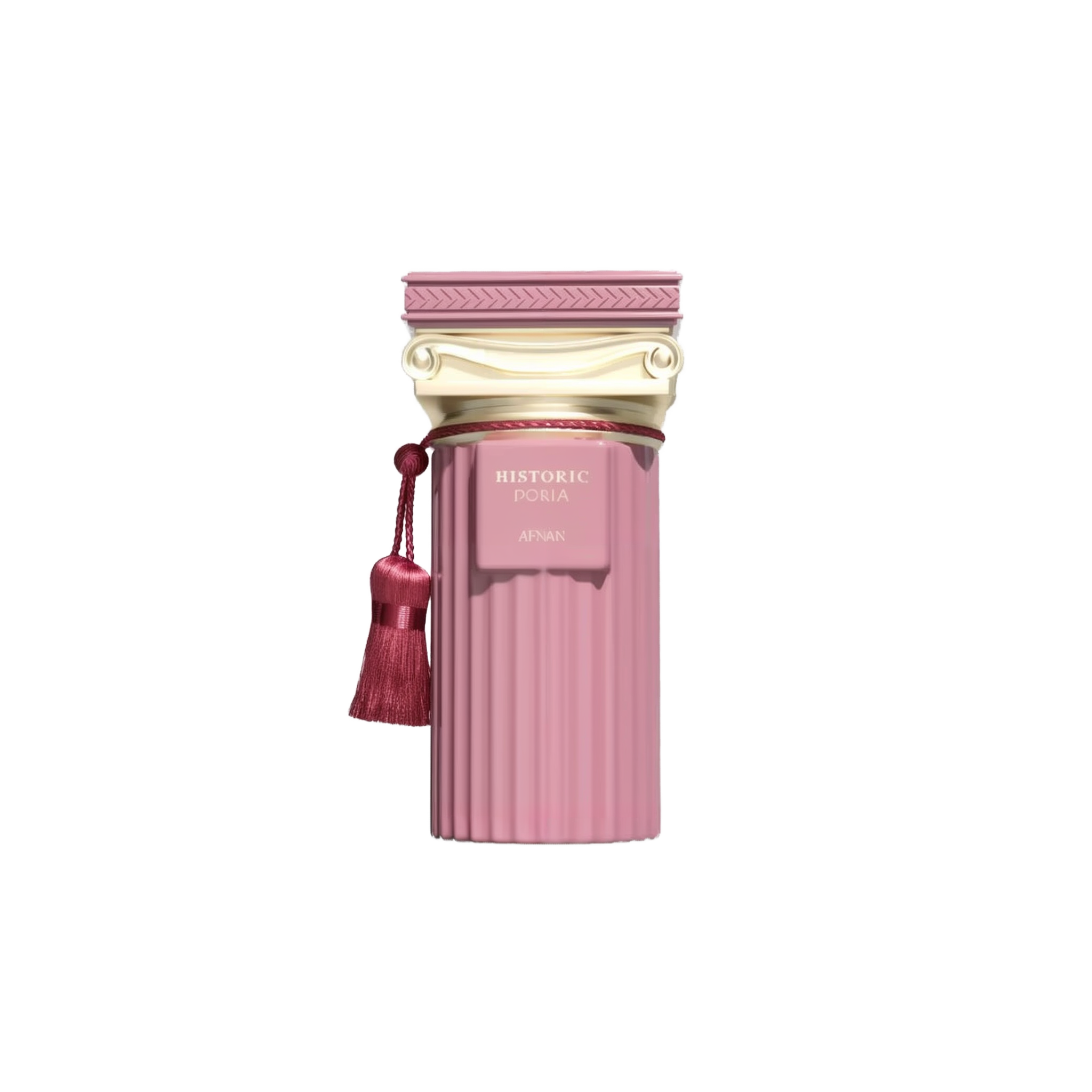 The image features a perfume bottle from the Afnan "Historic Doria" collection. The bottle is pink with a ribbed texture, evoking a classic fluted column design. Topped with a golden cap styled with classical architectural motifs, it exudes a sense of antique elegance. A tasseled pompom hangs from the neck of the bottle, adding an element of decorative flourish typical of historical luxuries. 