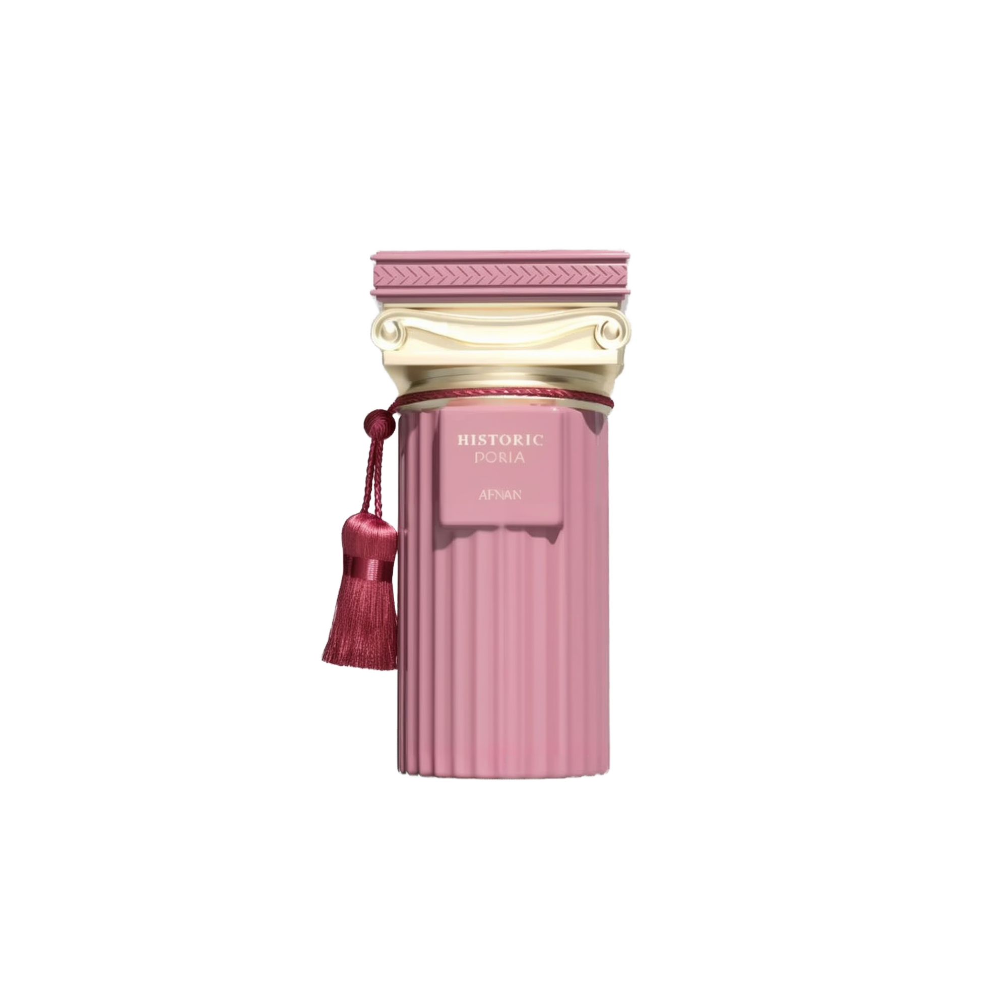 The image features a perfume bottle from the Afnan "Historic Doria" collection. The bottle is pink with a ribbed texture, evoking a classic fluted column design. Topped with a golden cap styled with classical architectural motifs, it exudes a sense of antique elegance. A tasseled pompom hangs from the neck of the bottle, adding an element of decorative flourish typical of historical luxuries. 