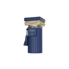 The image is of a luxurious fragrance bottle. The bottle is cylindrical and has a deep blue color with vertical ridges, reminiscent of Greek column designs. The cap is an elaborate gold-colored ornament with intricate details and a tassel hanging off its side. On the bottle, there is a gold label with the text "HISTORIC OLMEDA AFNAN" in bold letters. The product is set against a clean, neutral background that highlights its elegance and design details.