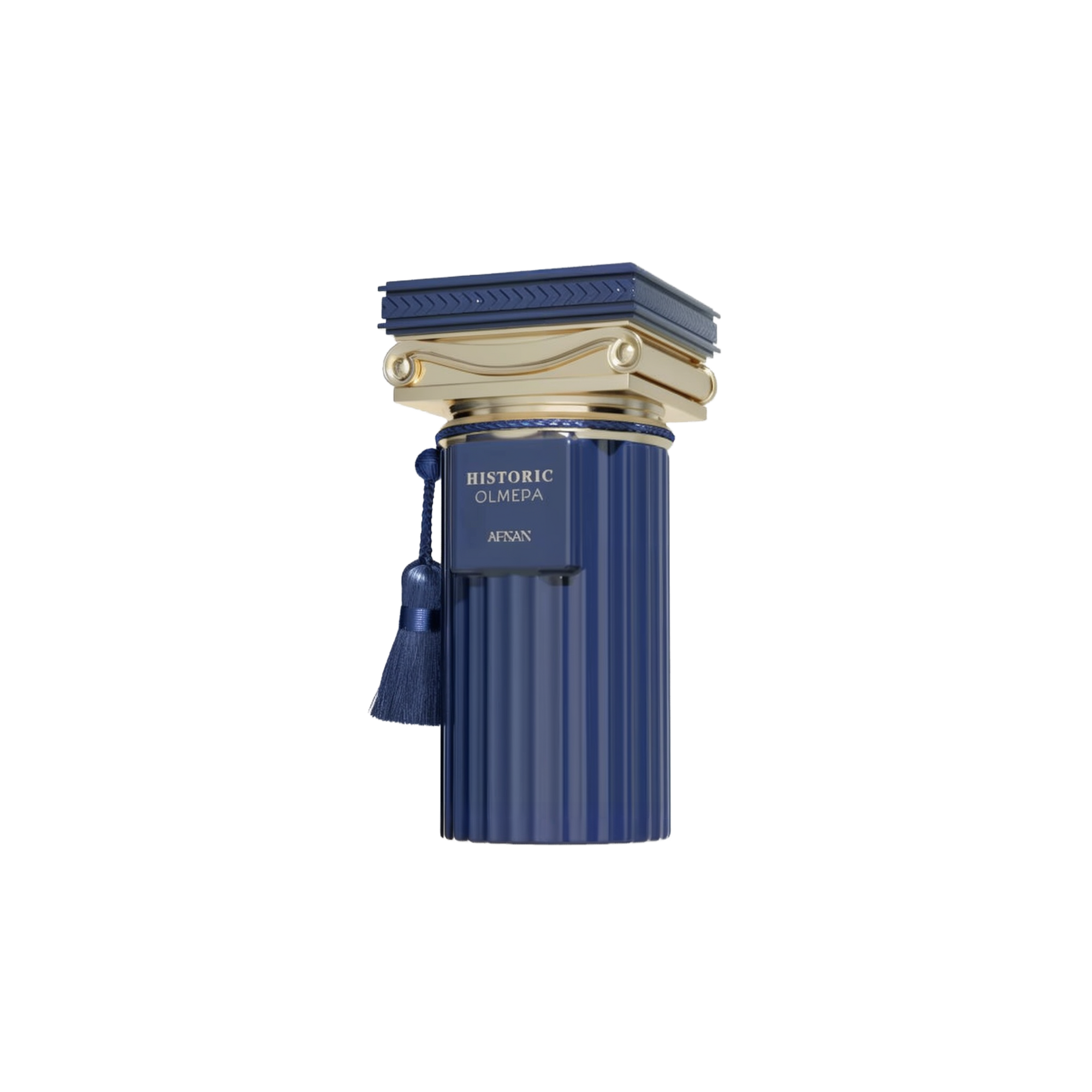 The image is of a luxurious fragrance bottle. The bottle is cylindrical and has a deep blue color with vertical ridges, reminiscent of Greek column designs. The cap is an elaborate gold-colored ornament with intricate details and a tassel hanging off its side. On the bottle, there is a gold label with the text "HISTORIC OLMEDA AFNAN" in bold letters. The product is set against a clean, neutral background that highlights its elegance and design details.