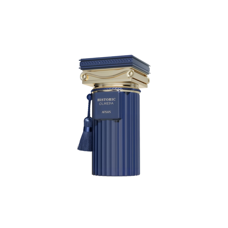 The image is of a luxurious fragrance bottle. The bottle is cylindrical and has a deep blue color with vertical ridges, reminiscent of Greek column designs. The cap is an elaborate gold-colored ornament with intricate details and a tassel hanging off its side. On the bottle, there is a gold label with the text "HISTORIC OLMEDA AFNAN" in bold letters. The product is set against a clean, neutral background that highlights its elegance and design details.