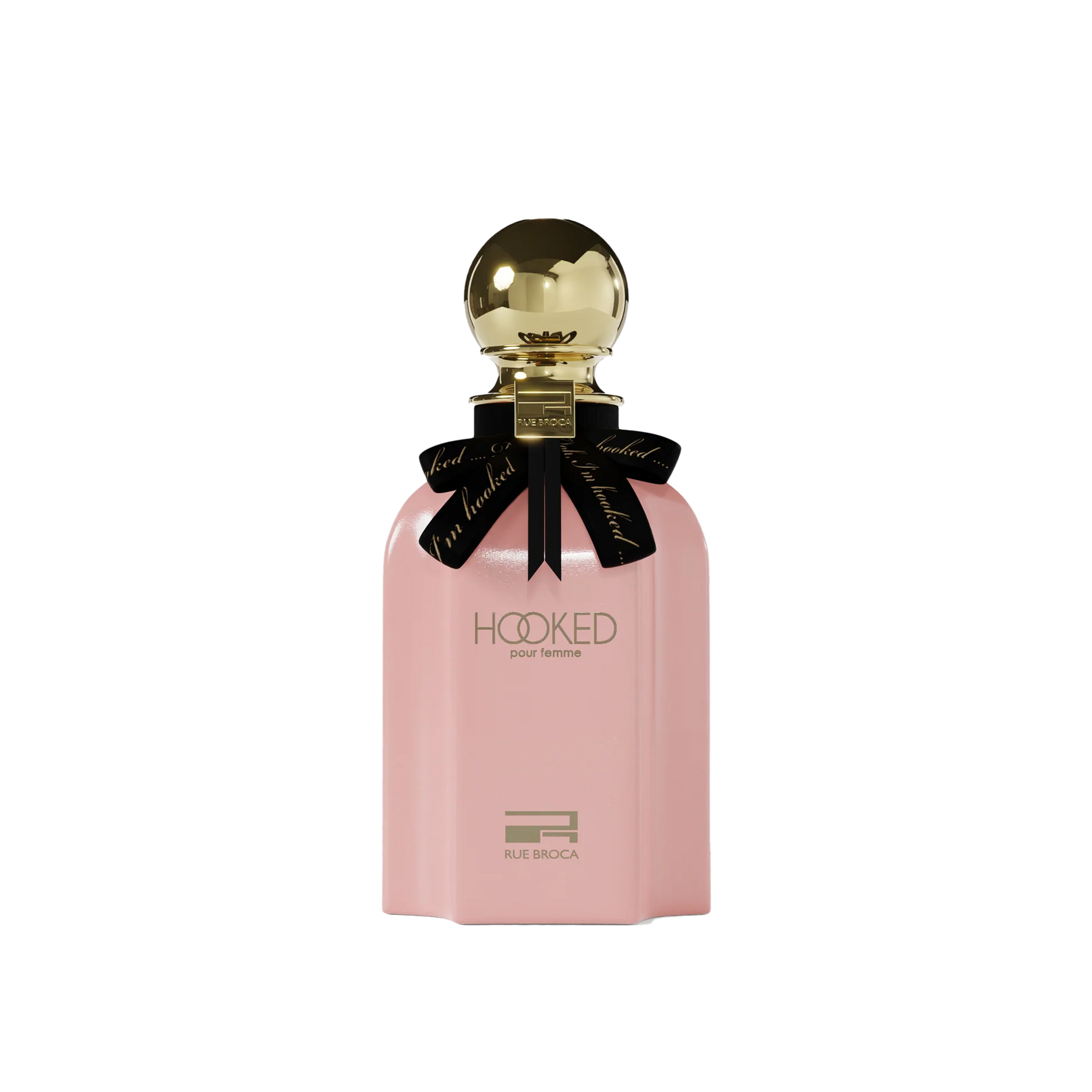 Hooked Pour Femme by Rue Broca in chic pink bottle with gold cap and elegant black ribbon.