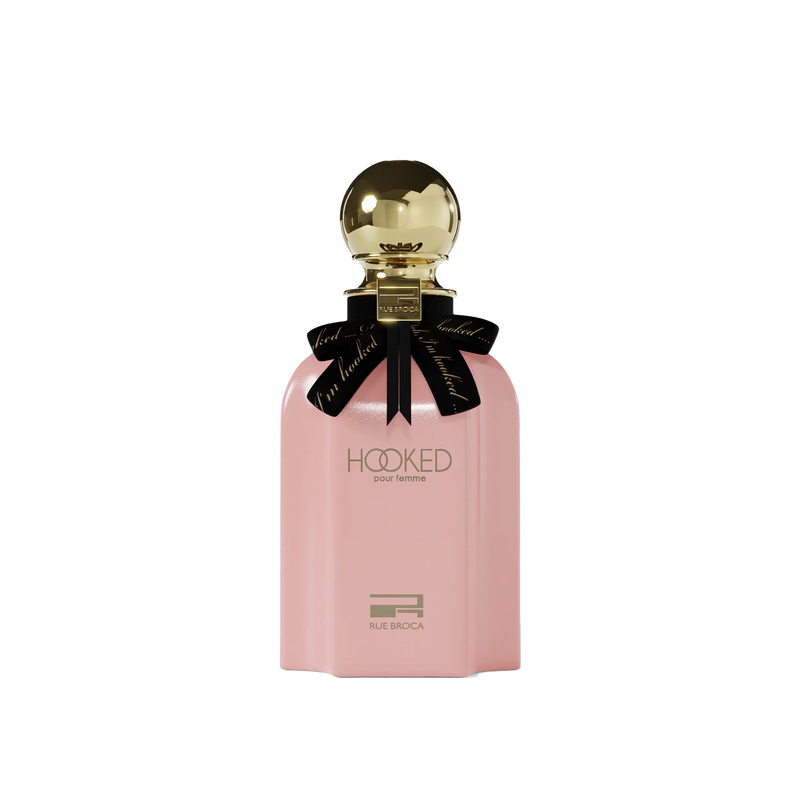 Hooked Pour Femme by Rue Broca in chic pink bottle with gold cap and elegant black ribbon.