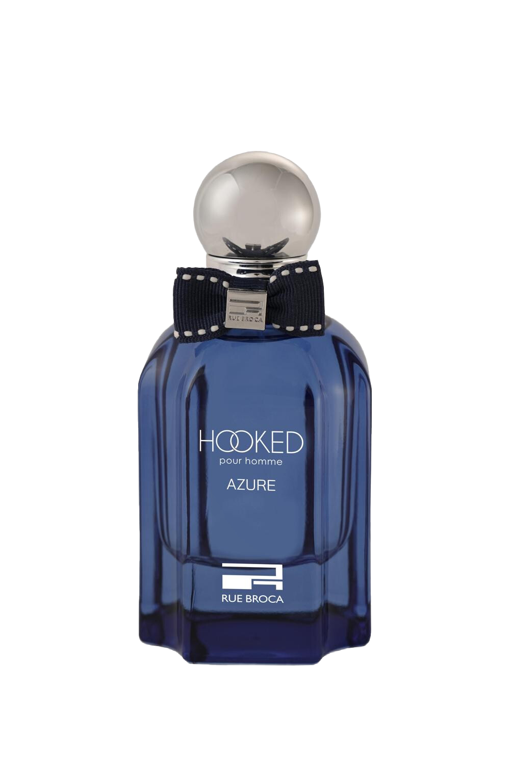 Hooked Pour Homme Azure by Rue Broca in striking blue bottle with silver cap and bow tie.