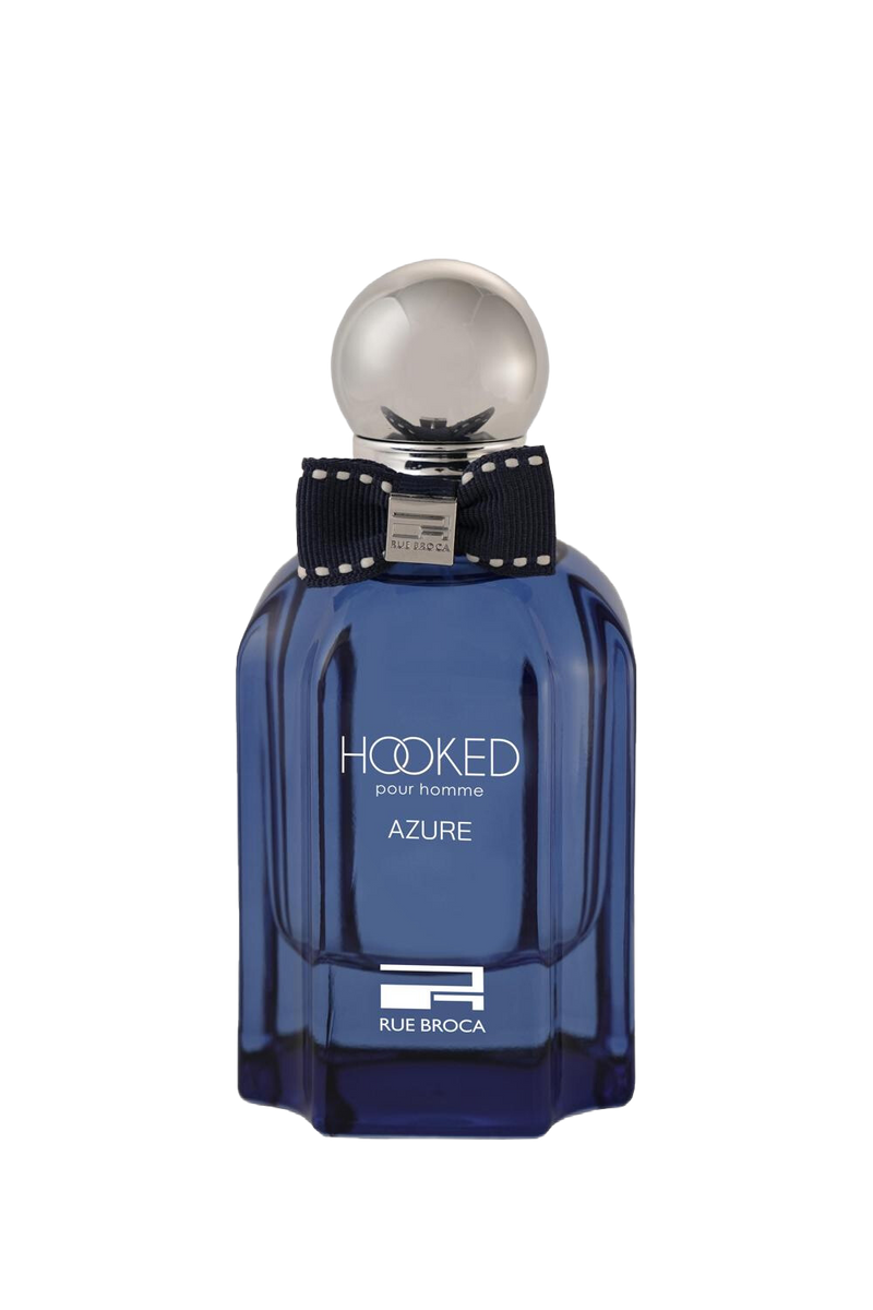 Hooked Pour Homme Azure by Rue Broca in striking blue bottle with silver cap and bow tie.