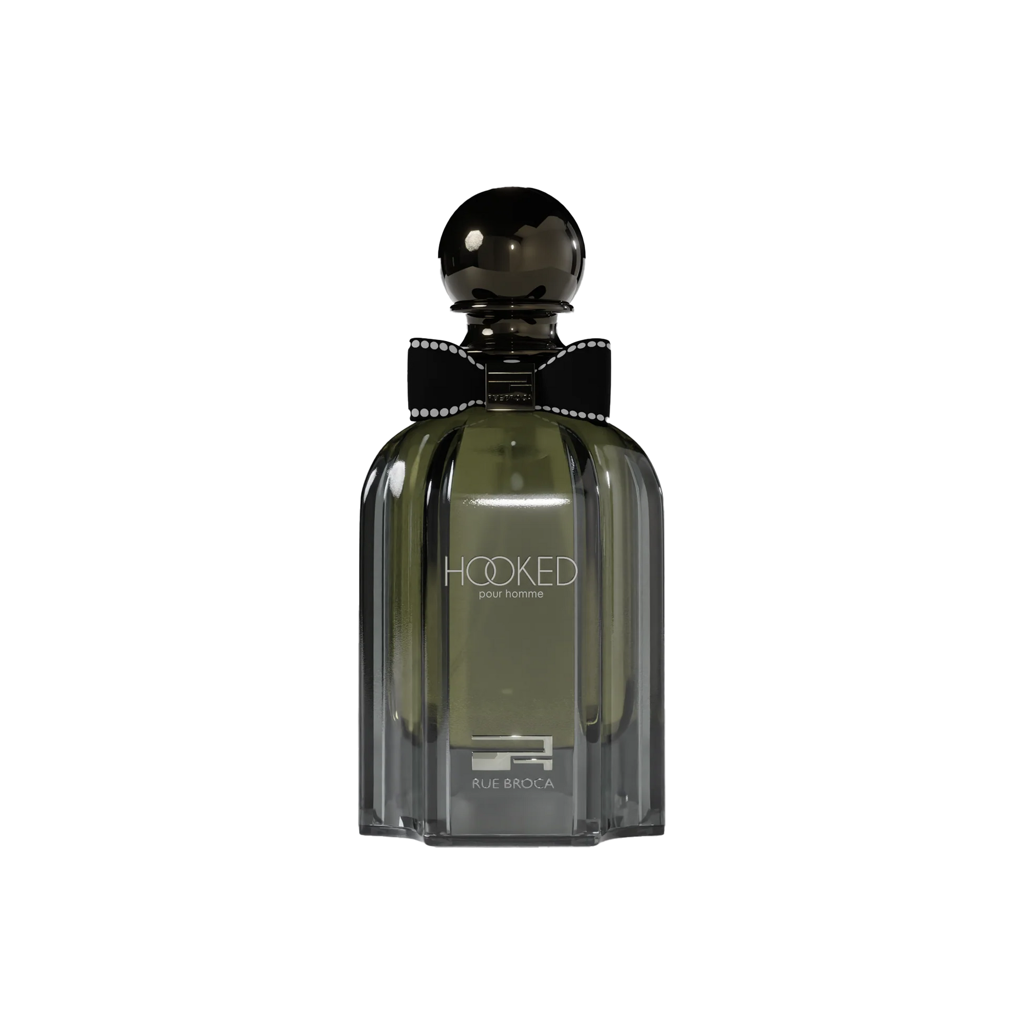 Hooked Pour Homme by Rue Broca in sleek smoky bottle with bold black bow tie.