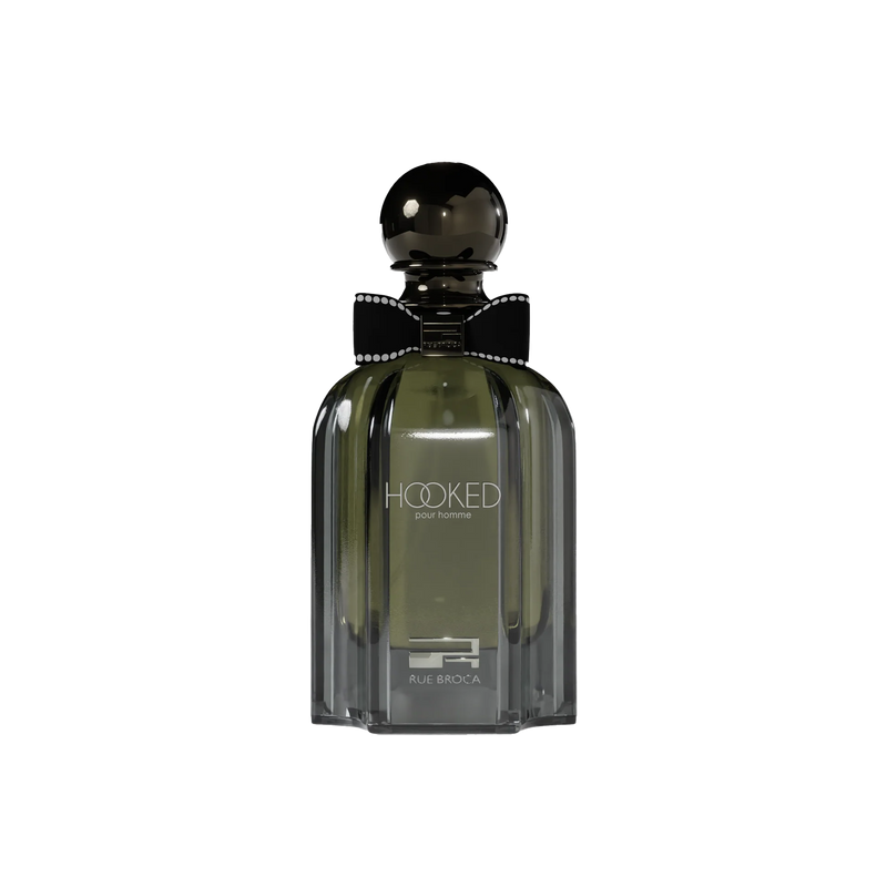 Hooked Pour Homme by Rue Broca in sleek smoky bottle with bold black bow tie.