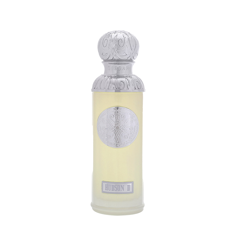 Elegant pale yellow perfume bottle with embossed silver cap and Hudson II Gissah branding on front.