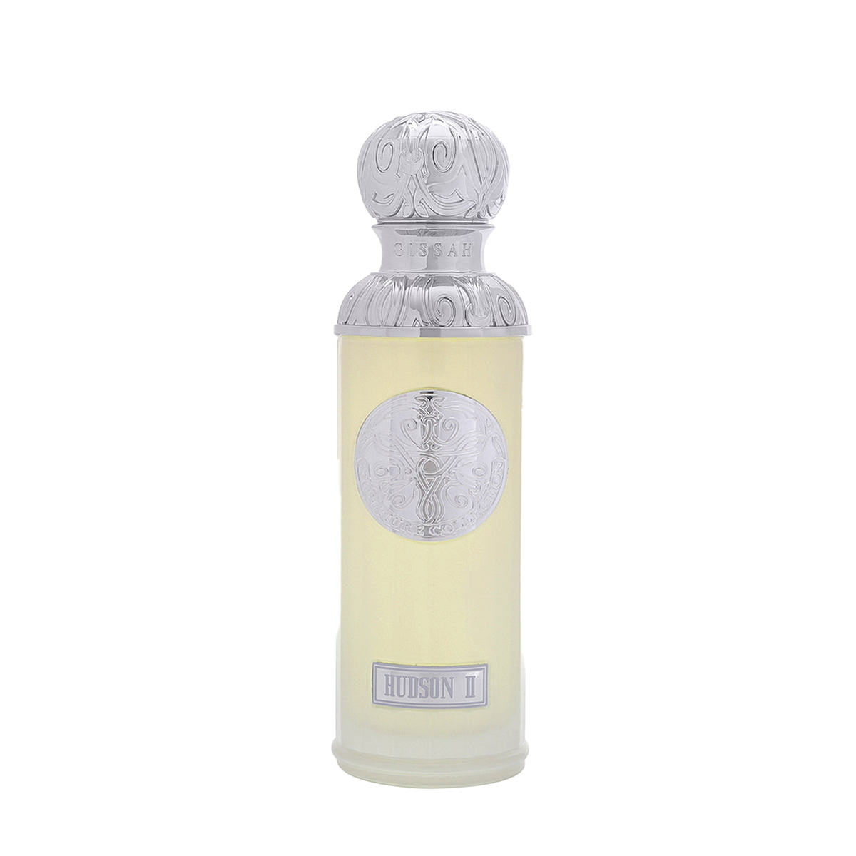 Elegant pale yellow perfume bottle with embossed silver cap and Hudson II Gissah branding on front.