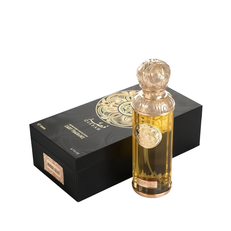 A product image of Gissah’s “Hudson Valley” signature light fragrance: a sleek rectangular black gift box adorned with a large, intricate gold filigree medallion design and the brand name “Gissah” (in Arabic and English) above the words “Signature Collection Light Fragrance” and “200?ml / 6.7?fl oz.” In front of it stands a tall, cylindrical glass perfume bottle filled with golden liquid, topped by an ornate, sculpted gold cap.
