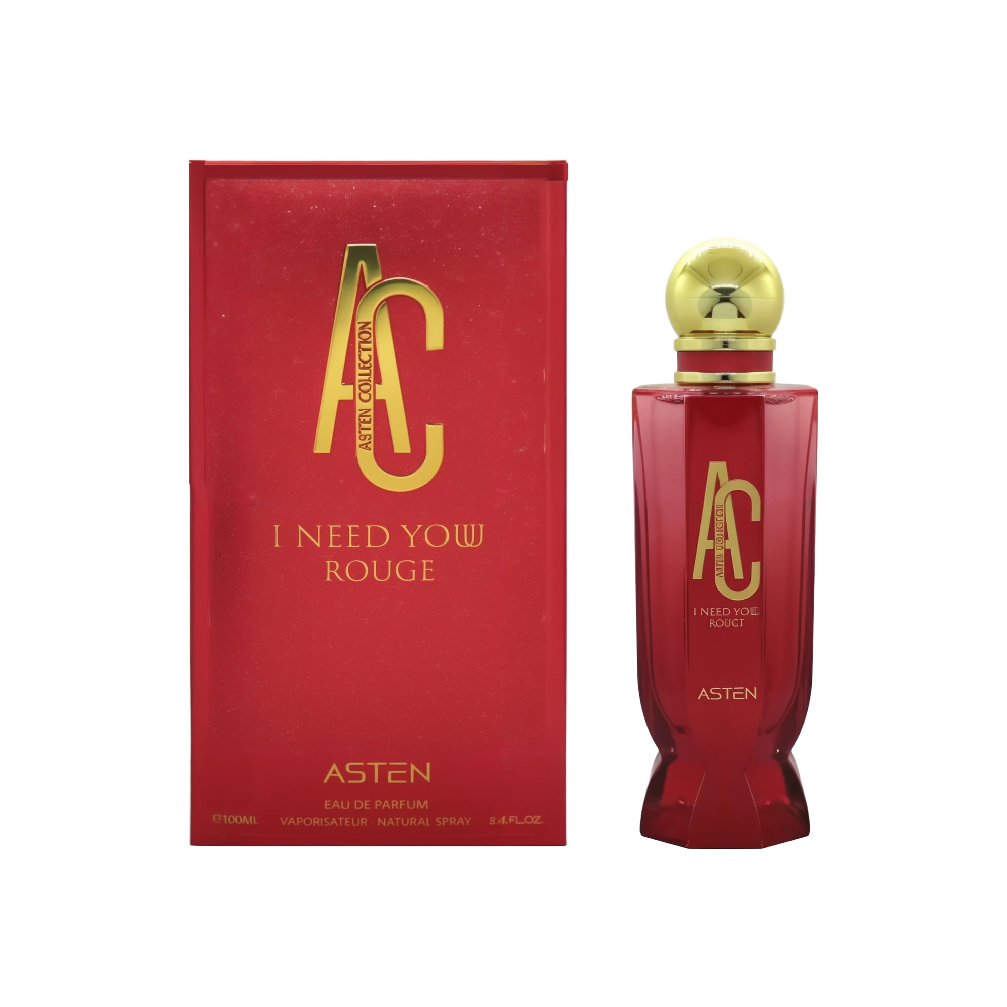 A deep-red rectangular box with gold “AC Asten Collection” and “I Need Yow Rouge” lettering stands beside a tall, matching red glass perfume bottle. The bottle features the same gold AC logo and text, topped by a round gold cap.