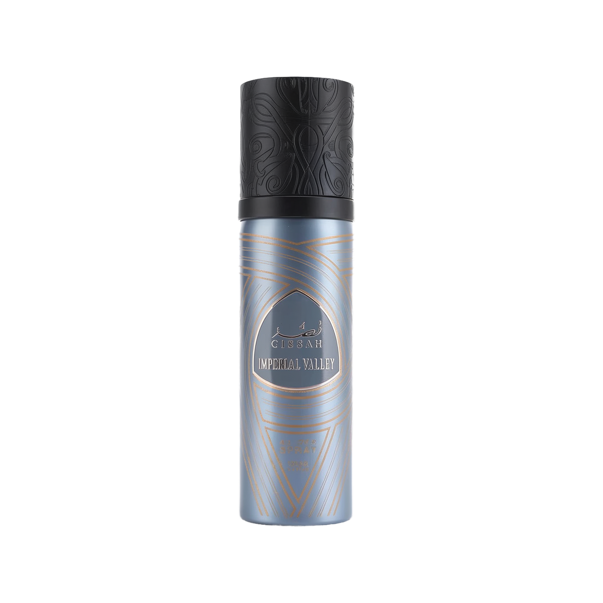 A cylindrical blue bottle of Gissah Imperial Valley all-over spray with a capacity of 120 mL (4.0 FL OZ). The bottle features intricate gold patterns and a black cap with matching detailed designs. The Gissah brand name and "Imperial Valley" are prominent