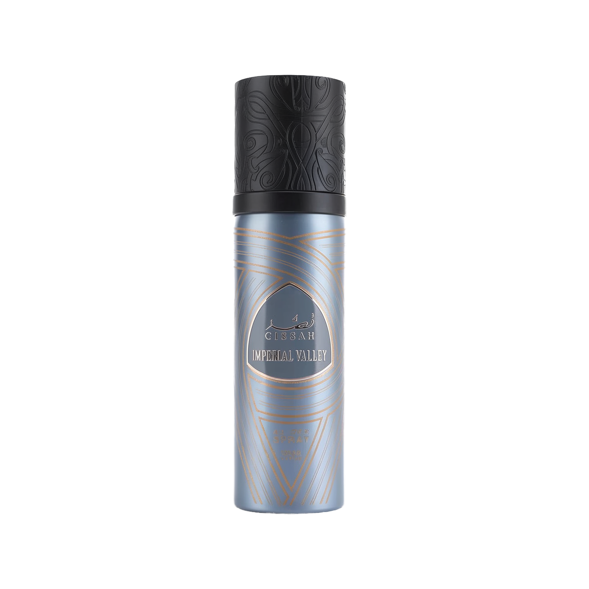 A cylindrical blue bottle of Gissah Imperial Valley all-over spray with a capacity of 120 mL (4.0 FL OZ). The bottle features intricate gold patterns and a black cap with matching detailed designs. The Gissah brand name and "Imperial Valley" are prominent