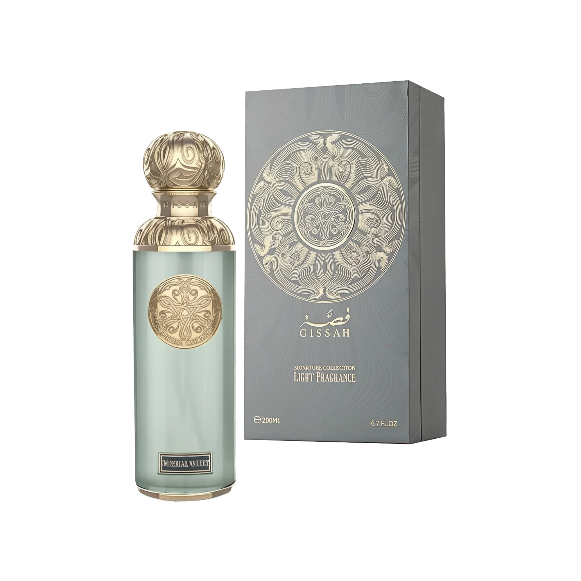 The image features a perfume bottle and its packaging from the "Gissah" Signature Collection, described as a light fragrance. The bottle is tall and cylindrical with a frosted light teal glass body, adorned with ornate gold medallions. It is capped with a gold, intricately designed spherical lid. Beside the bottle is the box, which is gray with a textured appearance and a large gold mandala-like design on the front, with the name "Gissah" printed at the top.