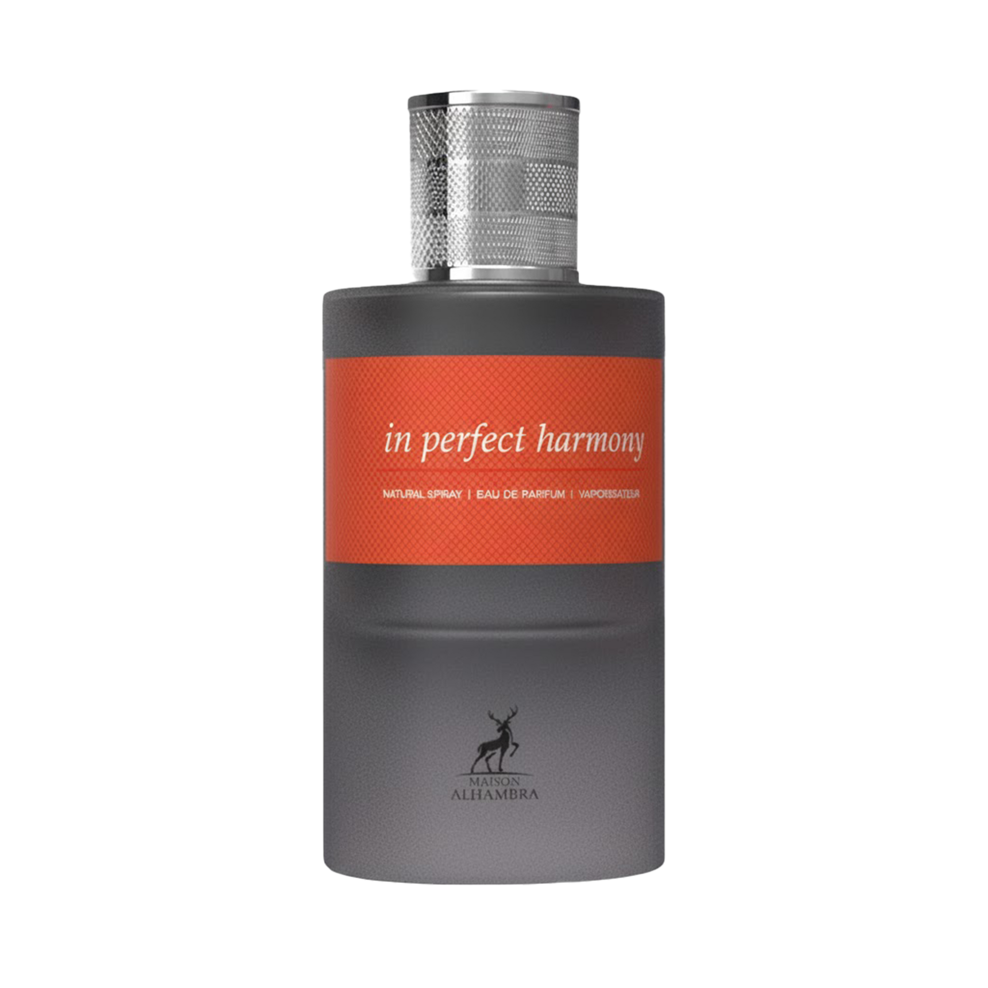 Maison Alhambra In Perfect Harmony perfume bottle in matte grey with silver cap and orange label.