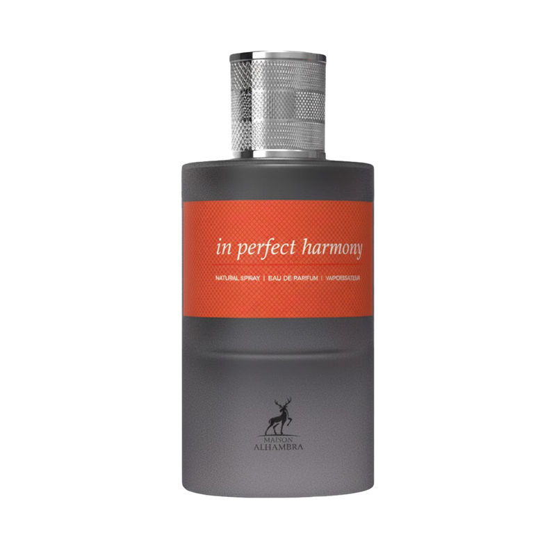 Maison Alhambra In Perfect Harmony perfume bottle in matte grey with silver cap and orange label.