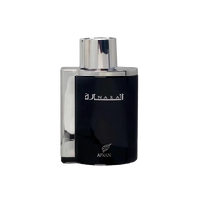 The image shows a rectangular perfume bottle with a dark, opaque body and a metallic silver cap. The front of the bottle has white Arabic calligraphy on the upper part and the word "AFNAN" in uppercase letters at the bottom, with a small rose emblem above it. The background is solid black, which provides a stark contrast to the bottle and highlights its features.